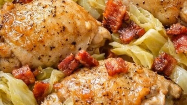 A plate featuring tender slow-cooked chicken thighs and soft shredded cabbage with bits of crispy bacon.