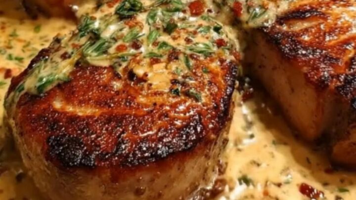 Golden-seared pork chops resting in a rich, creamy garlic and herb sauce inside a black cast-iron skillet.