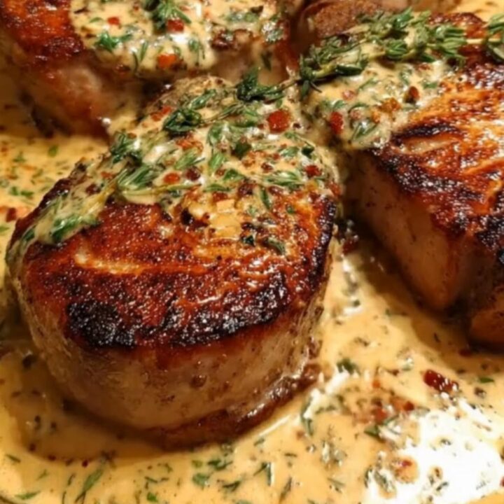 Golden-seared pork chops resting in a rich, creamy garlic and herb sauce inside a black cast-iron skillet.