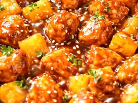 A close-up of slow cooker pineapple chicken with sesame seeds and herbs in a dark ceramic bowl.