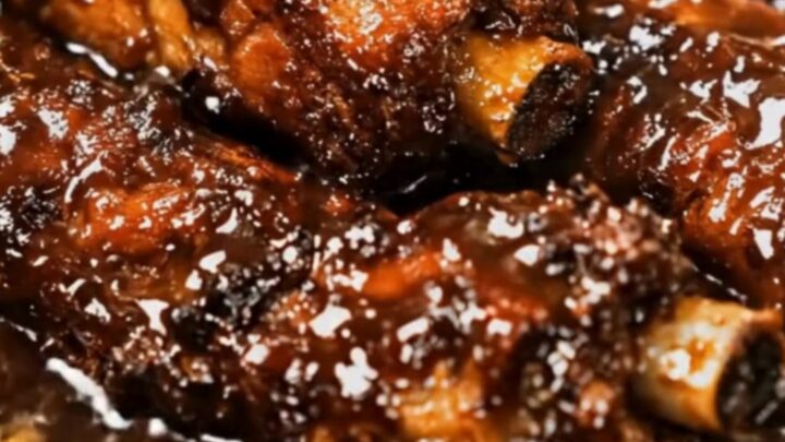 A close-up view of tender, glazed BBQ ribs being lifted from a slow cooker with tongs.