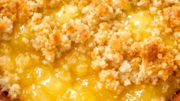 A warm scoop of slow cooker lemon dump cake with a golden crispy crumble topping and bubbling yellow filling