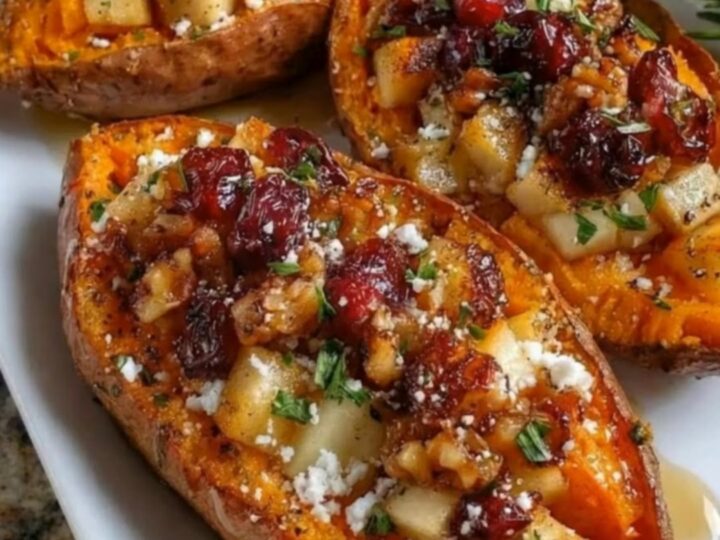 Festive stuffed sweet potatoes on a white platter, garnished with parsley.