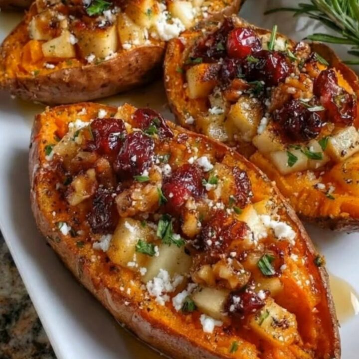 Festive stuffed sweet potatoes on a white platter, garnished with parsley.