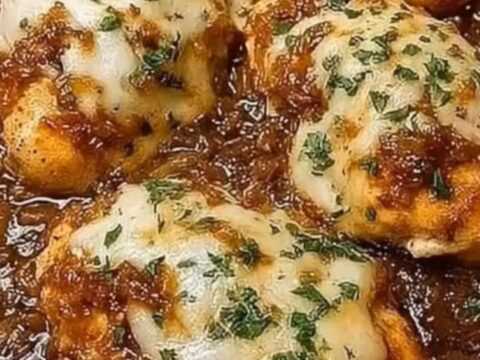 A golden, cheese-topped chicken breast in a baking dish with caramelized onions.