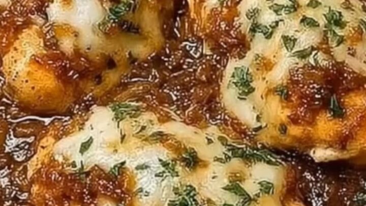 A golden, cheese-topped chicken breast in a baking dish with caramelized onions.
