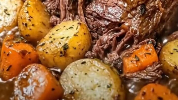 A classic pot roast in a roasting pan with tender beef, golden potatoes, and glazed carrots.