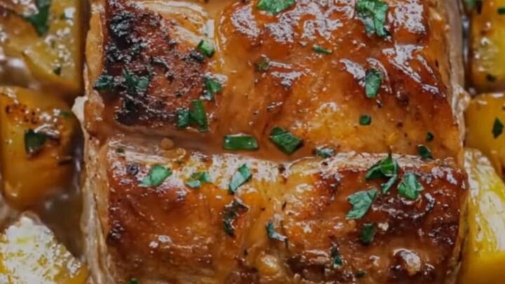 A juicy, slow-cooked pork loin topped with pineapple chunks and fresh parsley.