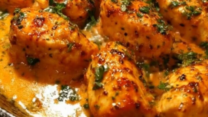 Golden seared chicken bites in a cast-iron skillet, topped with fresh parsley and a rich garlic butter sauce.