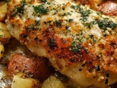 A golden roasted garlic parmesan chicken breast with tender potatoes on a baking sheet.