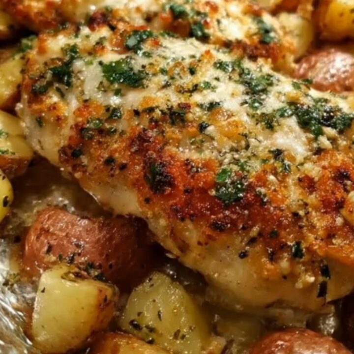 A golden roasted garlic parmesan chicken breast with tender potatoes on a baking sheet.
