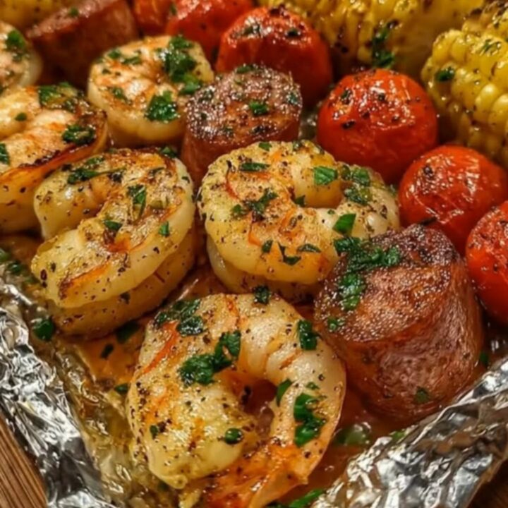 A steaming, open foil packet filled with succulent pink shrimp, sliced smoked sausage, corn on the cob