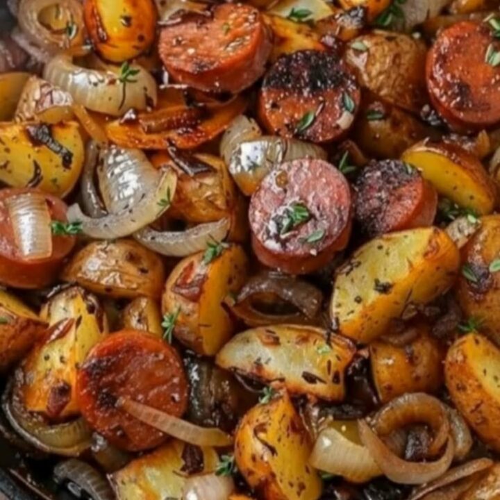 A rustic cast-iron skillet filled with crispy golden potatoes, charred sliced kielbasa, and caramelized onions.