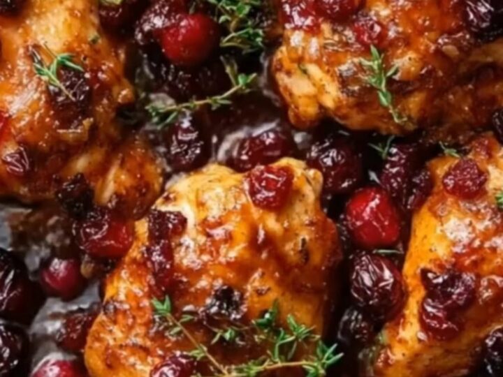 A rustic cast-iron skillet filled with seared chicken thighs in a glossy, vibrant red cranberry and orange glaze.
