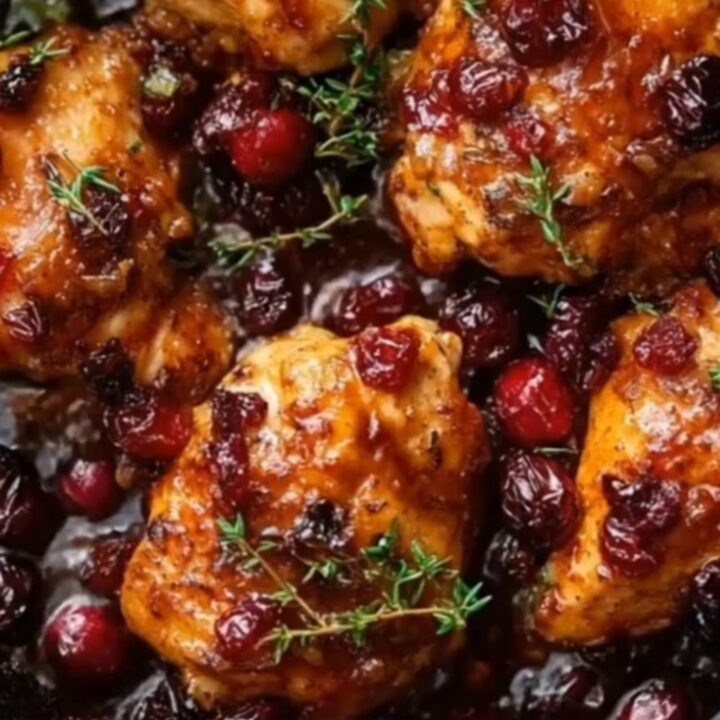 A rustic cast-iron skillet filled with seared chicken thighs in a glossy, vibrant red cranberry and orange glaze.
