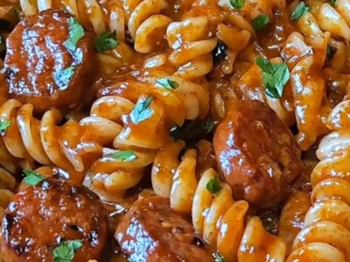 A steaming cast-iron skillet filled with creamy Cajun sausage pasta and rotini.