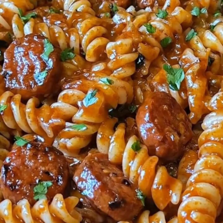 A steaming cast-iron skillet filled with creamy Cajun sausage pasta and rotini.
