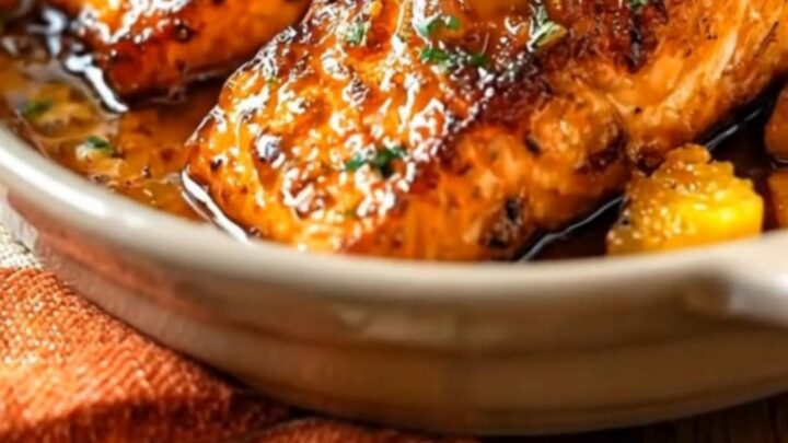 A glossy, caramelized pineapple glazed salmon fillet in a baking dish with steam rising.