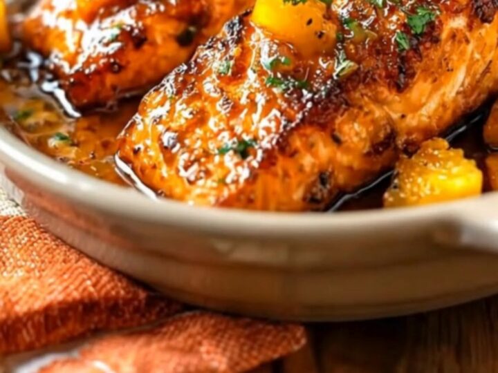A glossy, caramelized pineapple glazed salmon fillet in a baking dish with steam rising.