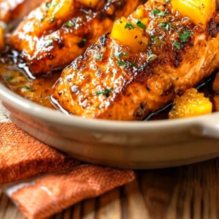 A glossy, caramelized pineapple glazed salmon fillet in a baking dish with steam rising.