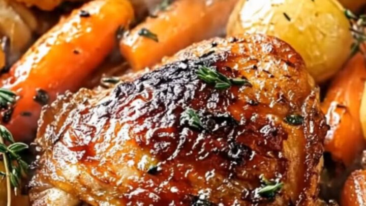 A golden, crispy-skinned roasted chicken thigh alongside perfectly roasted baby potatoes in a pan.