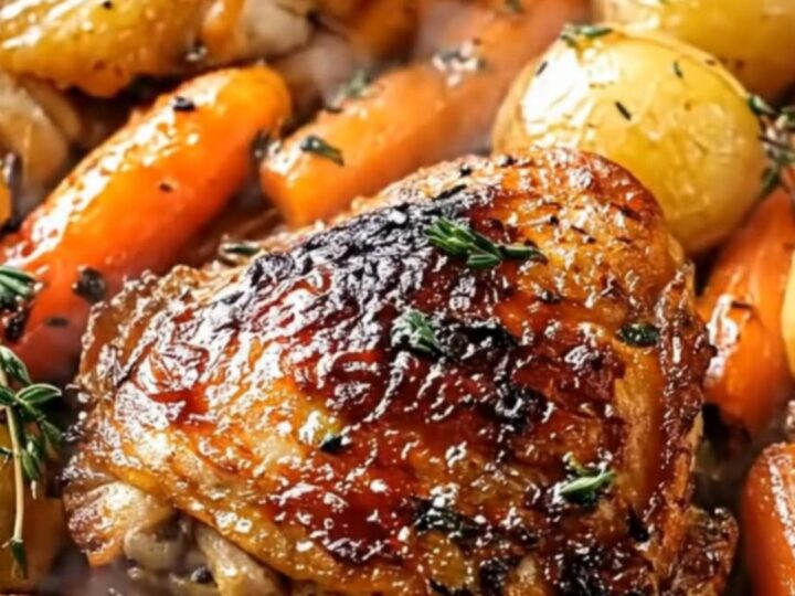 A golden, crispy-skinned roasted chicken thigh alongside perfectly roasted baby potatoes in a pan.