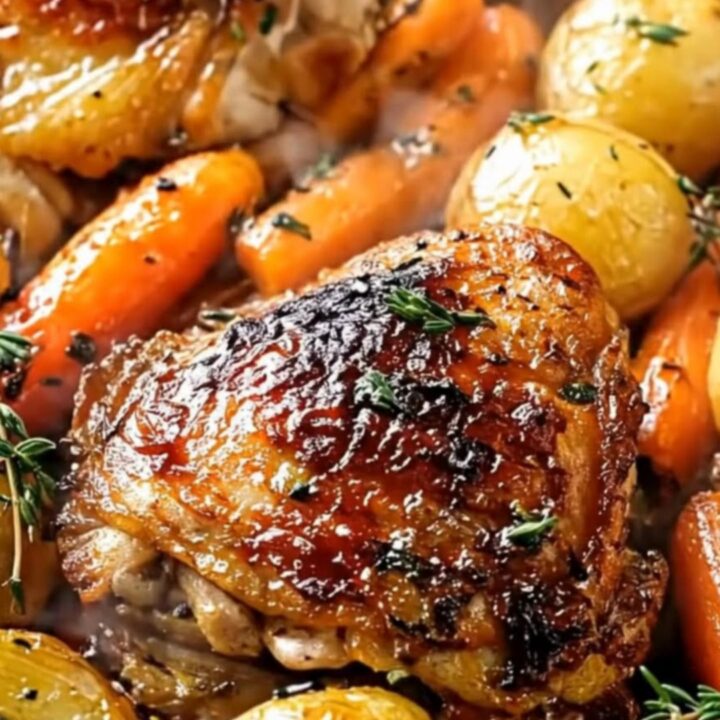 A golden, crispy-skinned roasted chicken thigh alongside perfectly roasted baby potatoes in a pan.