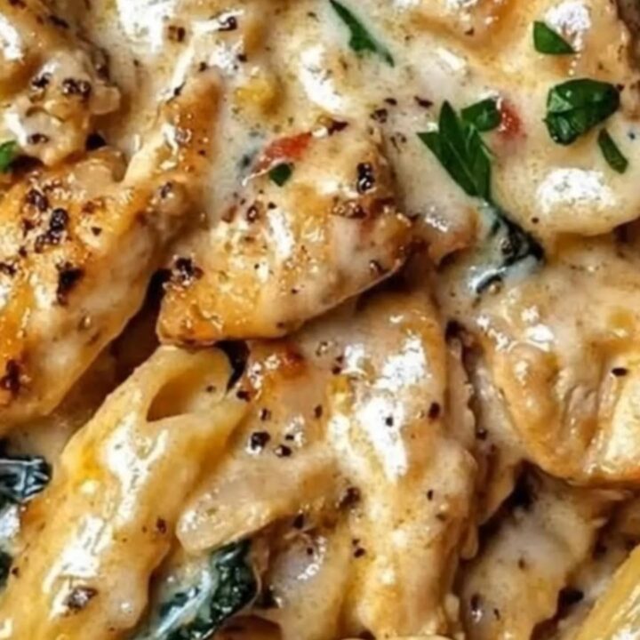A close-up of creamy garlic chicken penne in a skillet with rising steam.