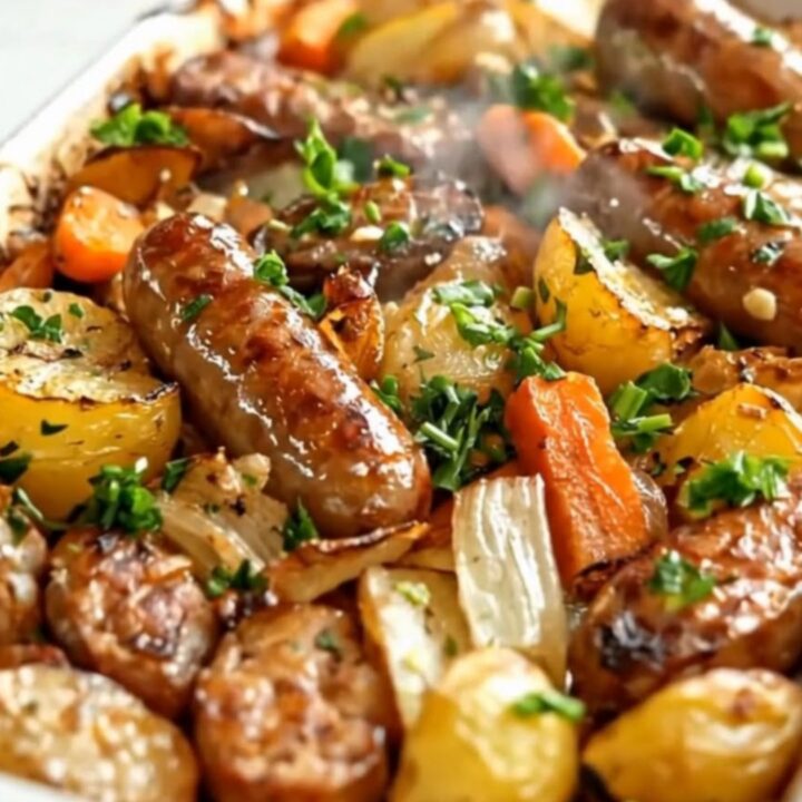 A white baking dish filled with roasted golden potatoes and juicy pork sausages with steam rising.