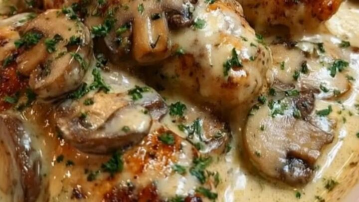 A golden-seared chicken tender in a creamy white mushroom sauce inside an oval baking dish.