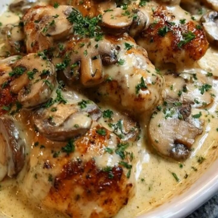 A golden-seared chicken tender in a creamy white mushroom sauce inside an oval baking dish.