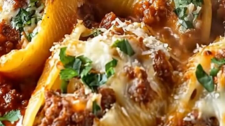A cast-iron skillet filled with jumbo pasta shells stuffed with beef, marinara, and melted mozzarella cheese.