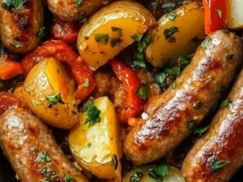 A steaming cast-iron skillet filled with roasted Italian sausages, caramelized red peppers, and golden baby potatoes.