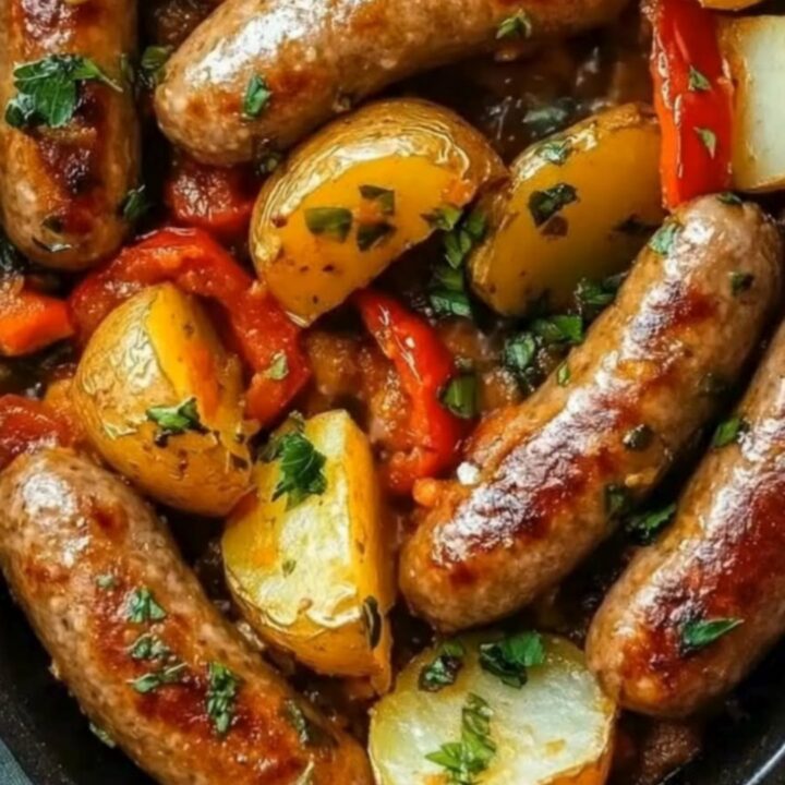A steaming cast-iron skillet filled with roasted Italian sausages, caramelized red peppers, and golden baby potatoes.