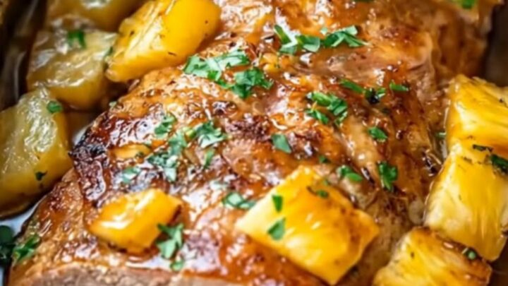 A juicy, slow-cooked pineapple pork roast resting on a platter with caramelized pineapple chunks.