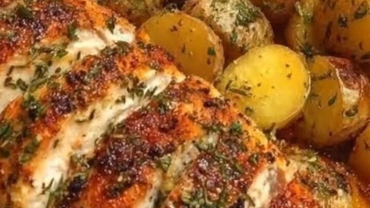 A glass baking dish containing herb-roasted chicken breasts, baby potatoes, and green beans.