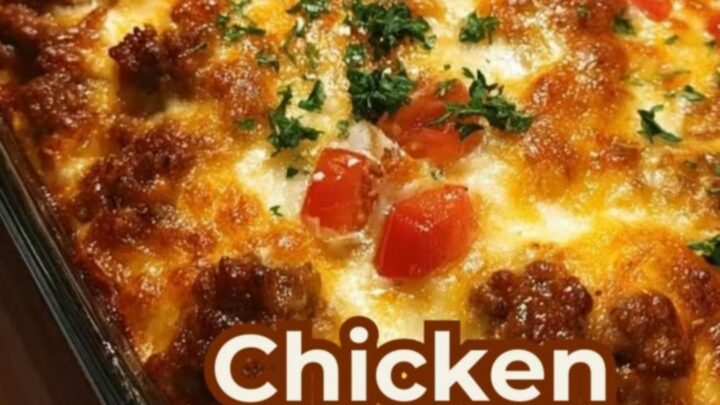 A glass baking dish filled with a golden, bubbling chicken enchilada casserole topped with melted cheese.