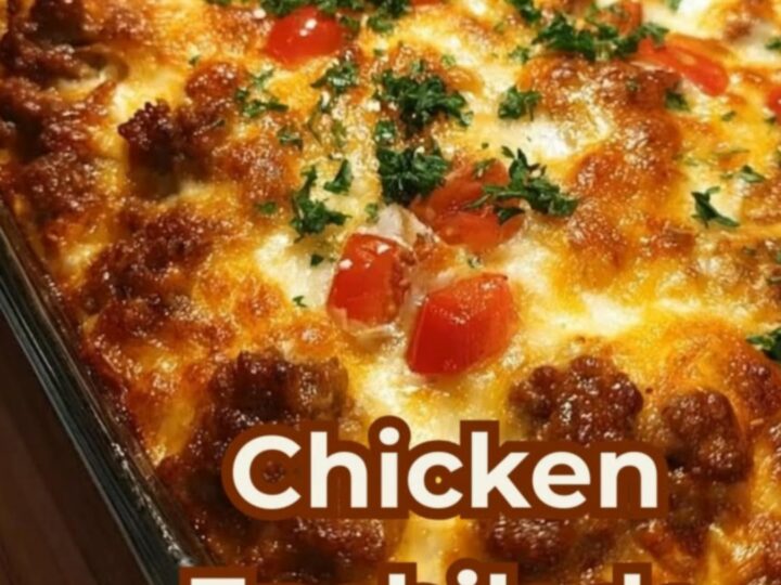 A glass baking dish filled with a golden, bubbling chicken enchilada casserole topped with melted cheese.