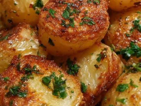 A cast-iron skillet filled with golden-brown roasted garlic potatoes garnished with fresh green parsley.