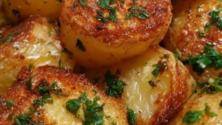 A cast-iron skillet filled with golden-brown roasted garlic potatoes garnished with fresh green parsley.