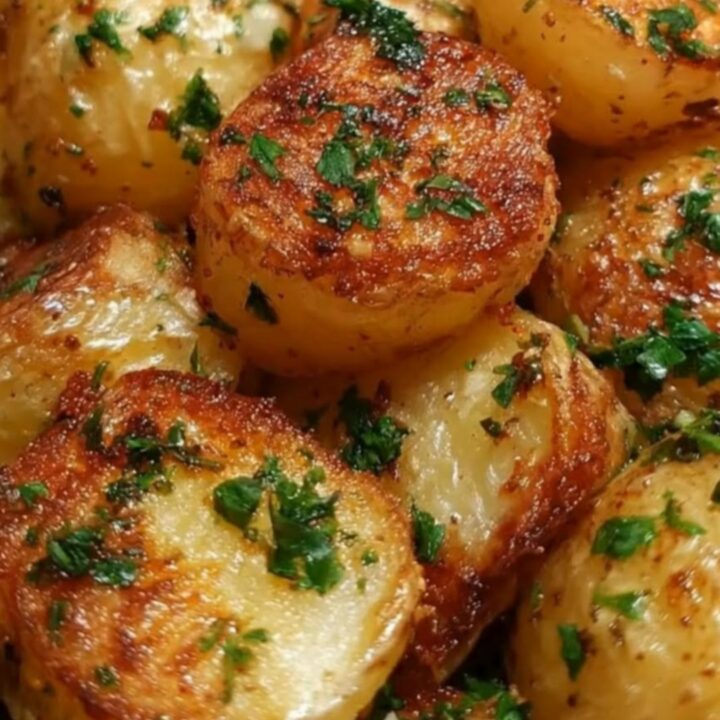 A cast-iron skillet filled with golden-brown roasted garlic potatoes garnished with fresh green parsley.