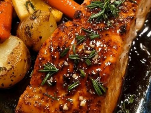 Close-up of a perfectly glazed honey garlic salmon fillet next to roasted potato cubes in a dark baking dish.