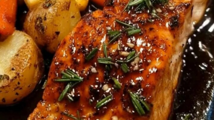 Close-up of a perfectly glazed honey garlic salmon fillet next to roasted potato cubes in a dark baking dish.