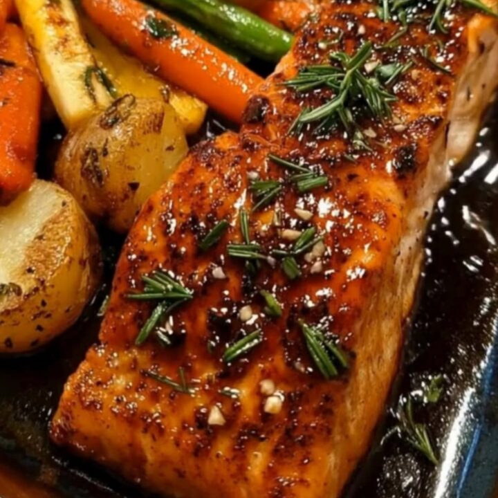 Close-up of a perfectly glazed honey garlic salmon fillet next to roasted potato cubes in a dark baking dish.