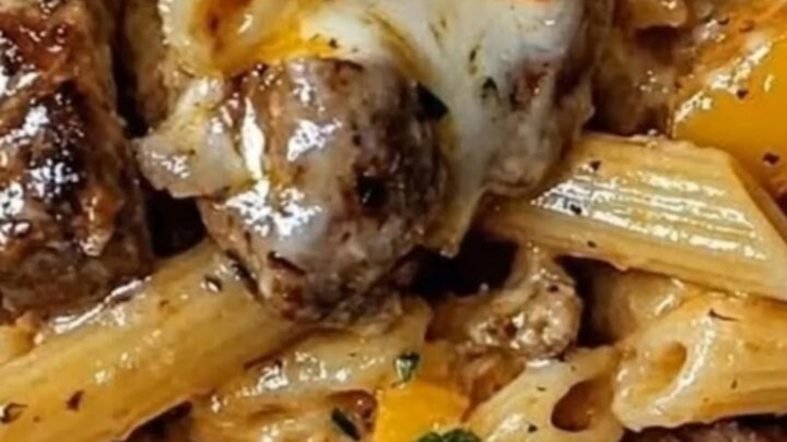 A rustic skillet filled with creamy penne pasta, seared steak bites, and melted cheese.