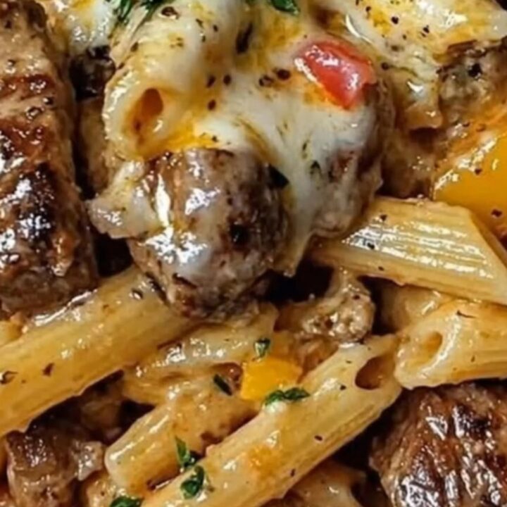 A rustic skillet filled with creamy penne pasta, seared steak bites, and melted cheese.