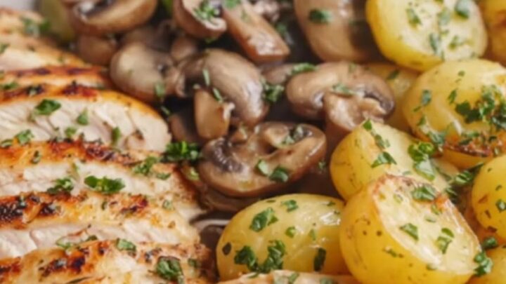 Creamy mushroom chicken bowl with golden sautéed mushrooms and a rich garlic sauce.