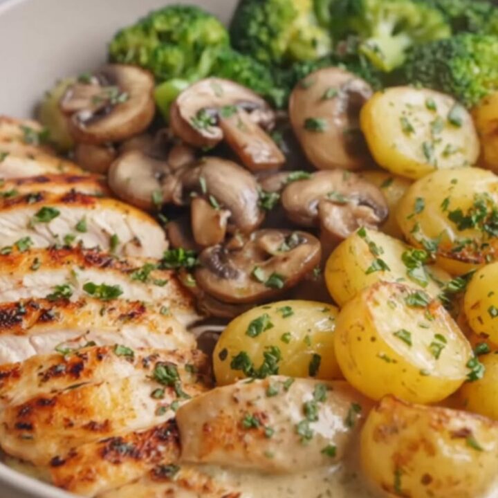 Creamy mushroom chicken bowl with golden sautéed mushrooms and a rich garlic sauce.
