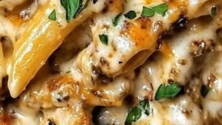 A warm, golden-brown chicken penne casserole in a baking dish with melted cheese on top.