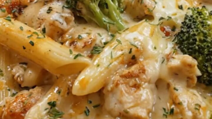 A close-up of creamy chicken penne with broccoli, showing melted mozzarella strings.